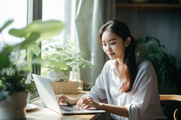 young asian woman sitting at home with laptop computer girl browsing websites or studying