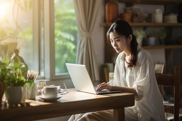 young asian woman sitting at home with laptop computer girl browsing websites or studying