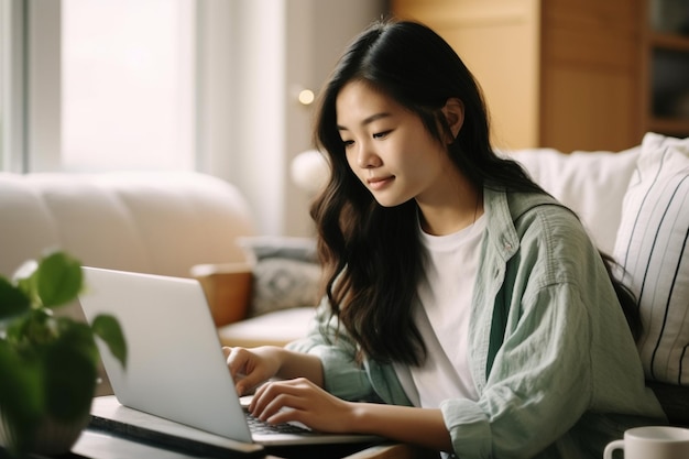 young asian woman sitting at home with laptop computer girl browsing websites or studying