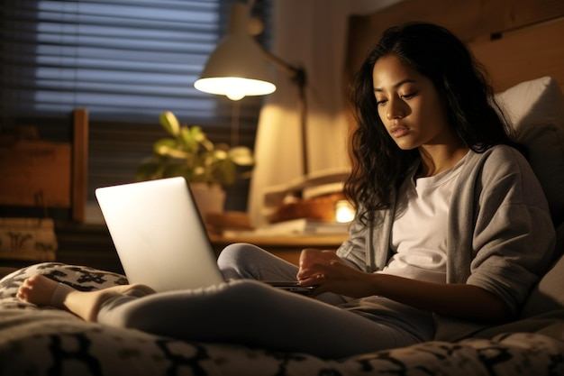 young asian woman sitting at home with laptop computer girl browsing websites or studying