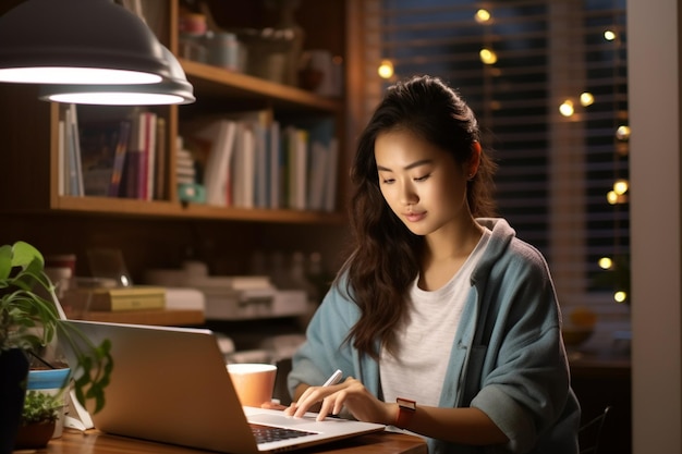 young asian woman sitting at home with laptop computer girl browsing websites or studying