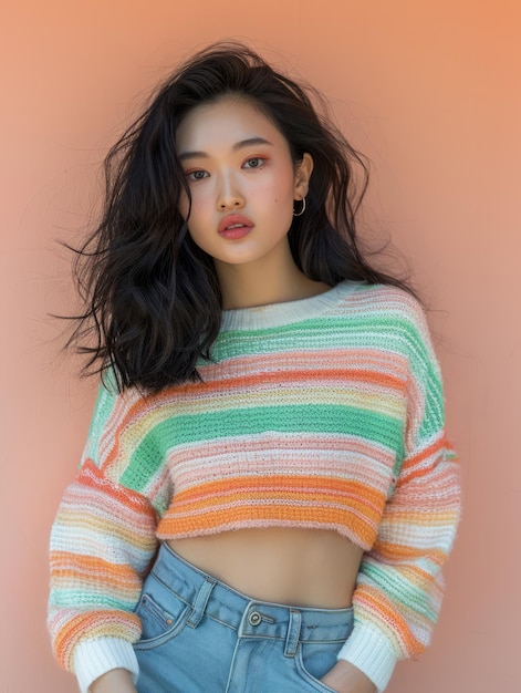 Young Asian Woman in a Stylish Multicolor Striped Sweater Posing Against a Soft Pink Background