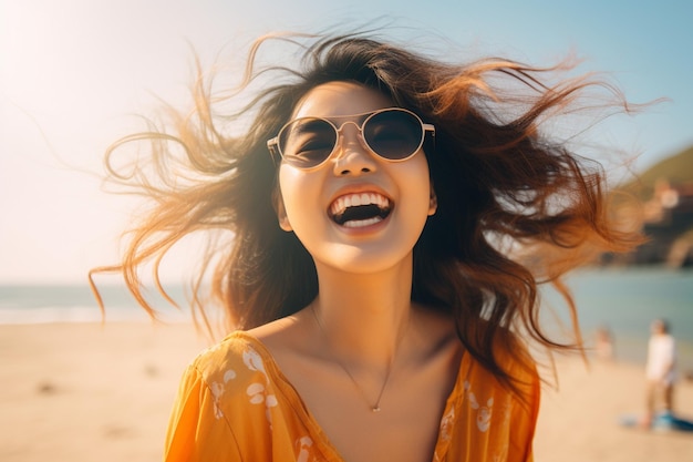 a young asian woman in sunglasses enjoying summer vacation