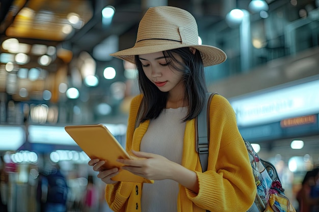 Young asian woman traveler planning for the summer vacation and searching information on tablet