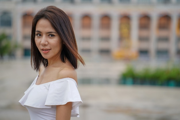 Young asian woman traveling to landmark in Bangkok Thailand.