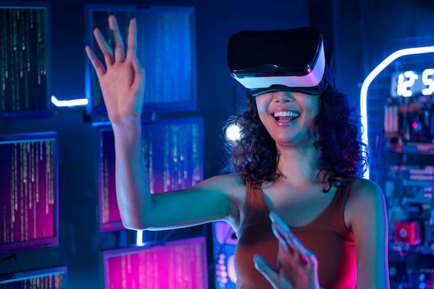 A young Asian woman using virtual reality vr box to play online game or watch movie