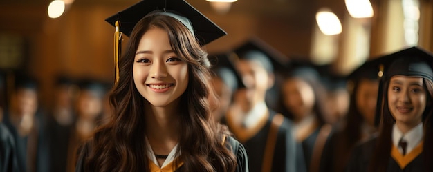 Young asian woman wearing graduate uniform smiling happily