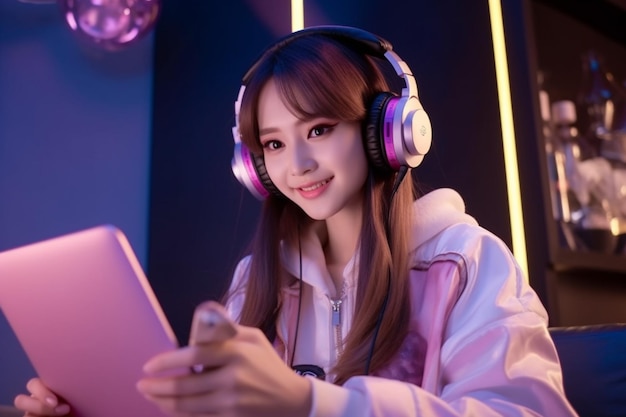 young asian woman wearing headphones playing online esport game on smartphone