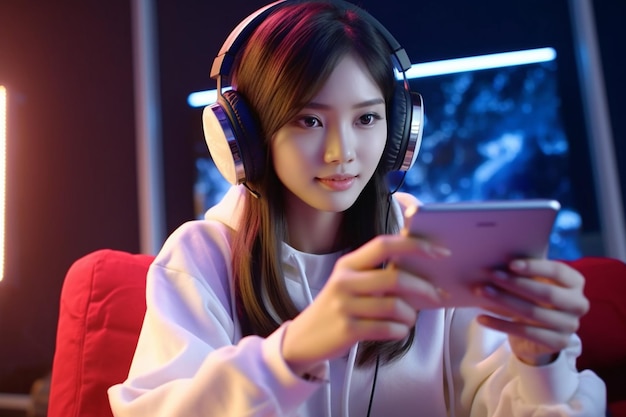 young asian woman wearing headphones playing online esport game on smartphone