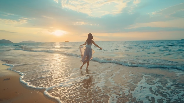 A young asian woman wears a dress and dancing on the beach in the summer alone on he Generative AI