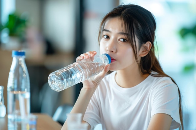 Young asian woman in a white shirt drinking water from a bottle sitting by a window with natural sun