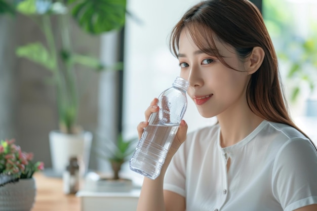 Young asian woman in a white shirt drinking water from a bottle sitting by a window with natural sun