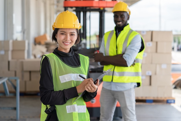 Young Asian woman with man worker in safety vest and yellow helmet working at shipment at warehouse factory