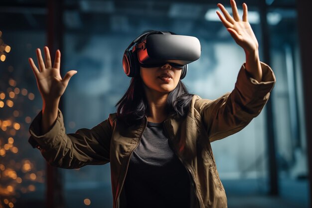 Young Asian woman with raised hands wearing virtual reality goggles while playing VR games