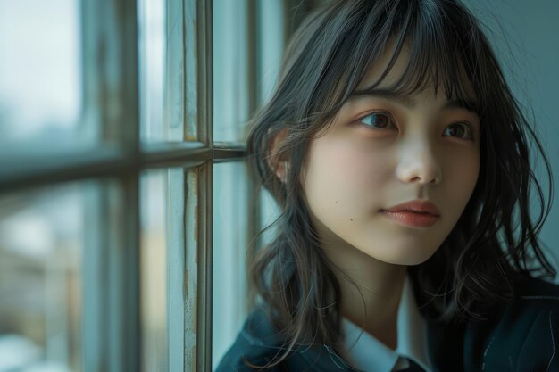 Young Asian Woman with a Thoughtful Expression Looking Through a Window in Soft Natural Light