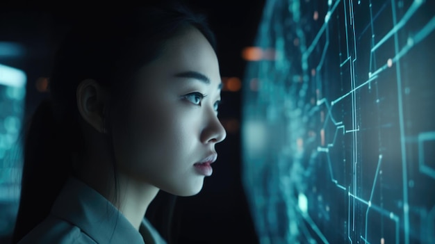 Young Asian woman with wonder curiosity looking at holographic digital display futuristic technology innovation Generative AI AIG20