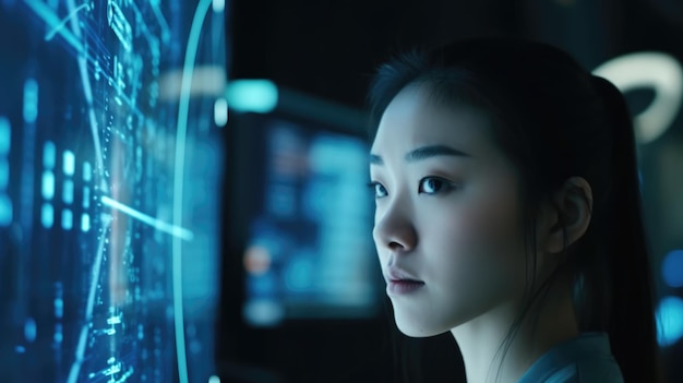 Young Asian woman with wonder curiosity looking at holographic digital display futuristic technology innovation Generative AI AIG20