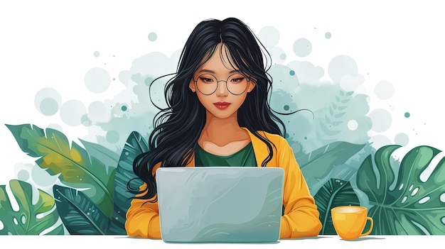 Young asian woman working on laptop against tropical leaves background Vector illustration