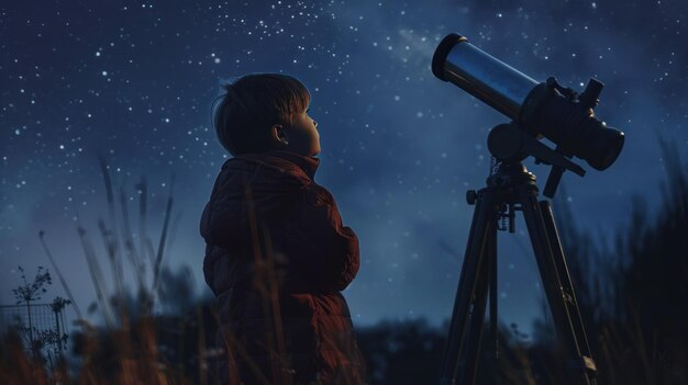 Young Astronomer Exploring the Night Sky A child gazes upwards in awe at the starry night sky with a telescope nearby ready to unlock the mysteries of the universe