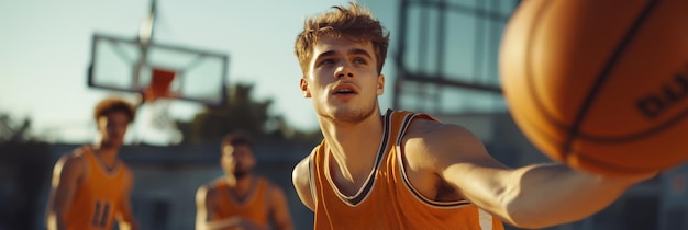 Photo a young athlete focuses on making a perfect shot while playing basketball outdoors during golde