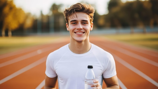 Photo young athlete smiling on a running track while holding a water bottle during a sunny afternoon practice session