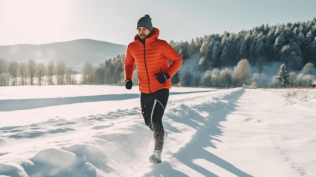 Young athlete sprinting on the snow using generative AI