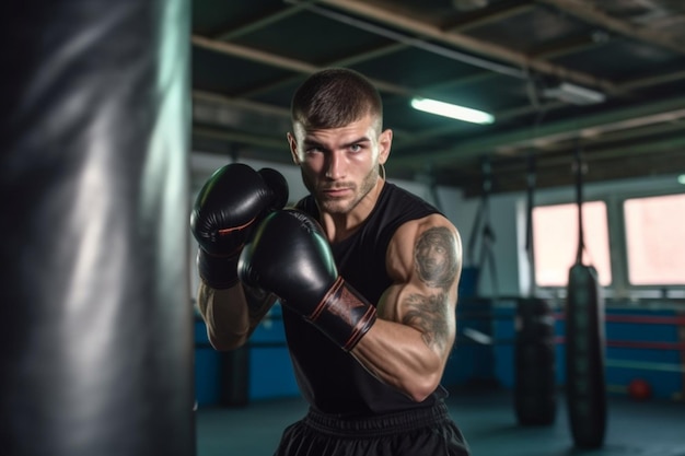 Photo young athletic male professional boxer exercising and training