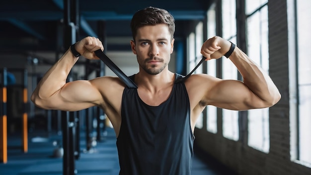 Young athletic man exercising with chest expander or resistance band