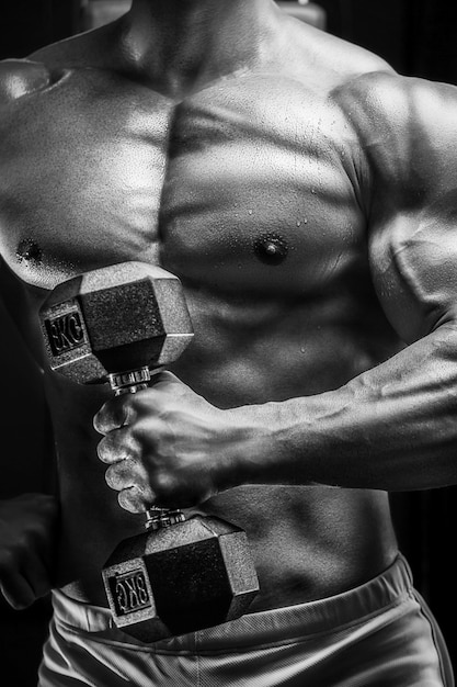 Young athletic man pumping up muscles in the gym at workout Sport and health care concept