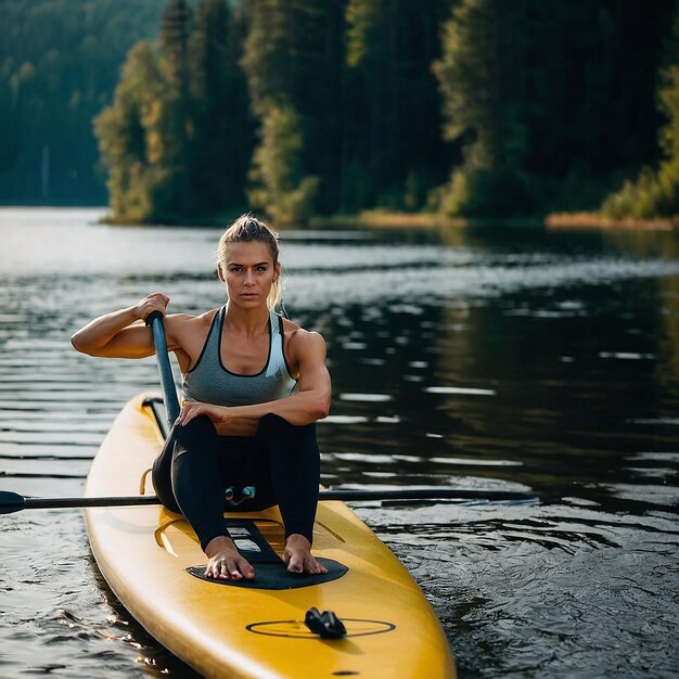 Young athletic woman doing fitness on a board with an oar on a lake