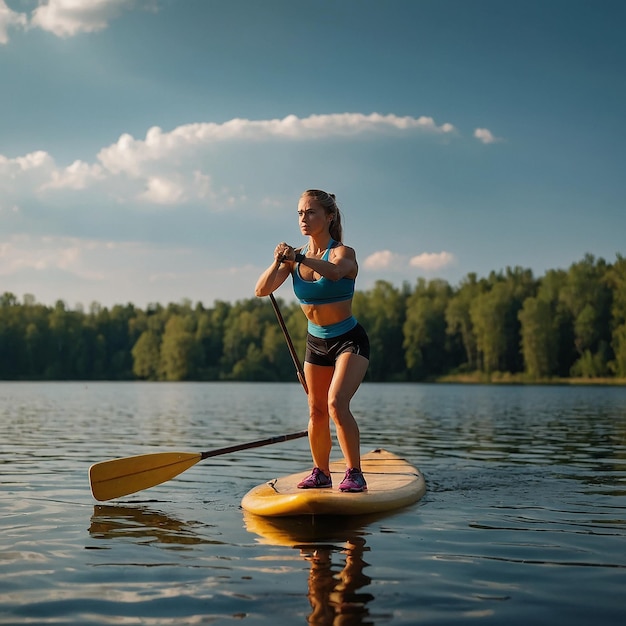 Young athletic woman doing fitness on a board with an oar on a lake