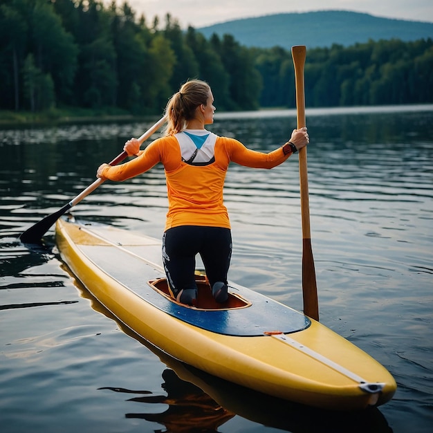 Young athletic woman doing fitness on a board with an oar on a lake