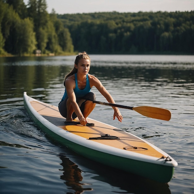 Young athletic woman doing fitness on a board with an oar on a lake