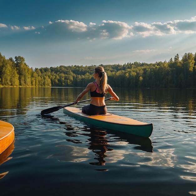 Young athletic woman doing fitness on a board with an oar on a lake