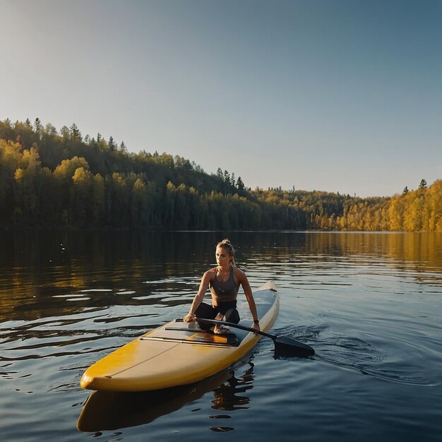 Young athletic woman doing fitness on a board with an oar on a lake