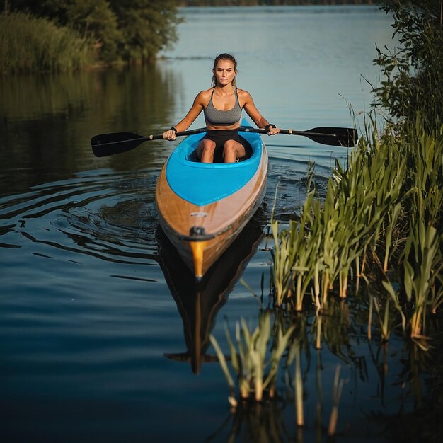 Young athletic woman doing fitness on a board with an oar on a lake