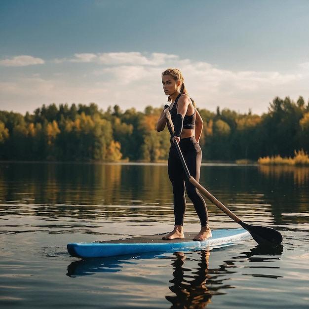 Young athletic woman doing fitness on a board with an oar on a lake