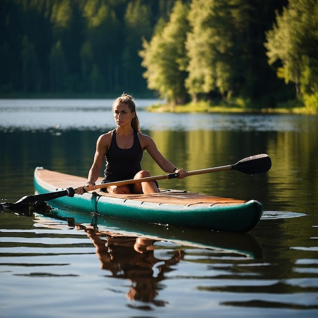 Young athletic woman doing fitness on a board with an oar on a lake