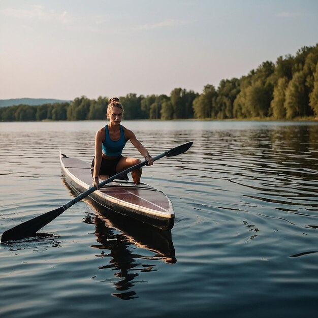 Young athletic woman doing fitness on a board with an oar on a lake