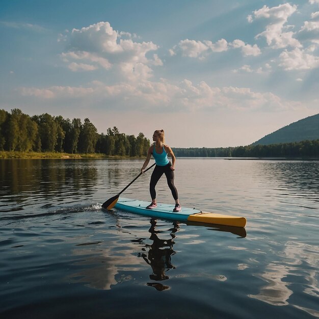 Young athletic woman doing fitness on a board with an oar on a lake