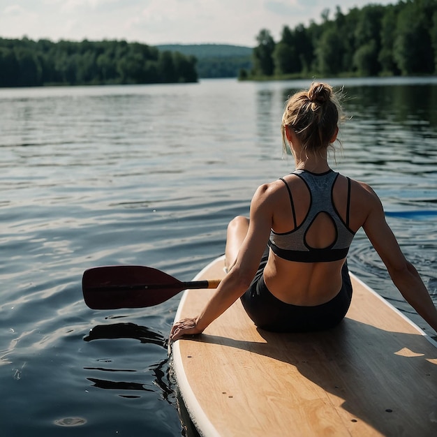 Young athletic woman doing fitness on a board with an oar on a lake