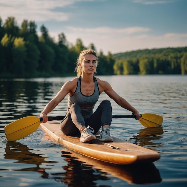 Young athletic woman doing fitness on a board with an oar on a lake