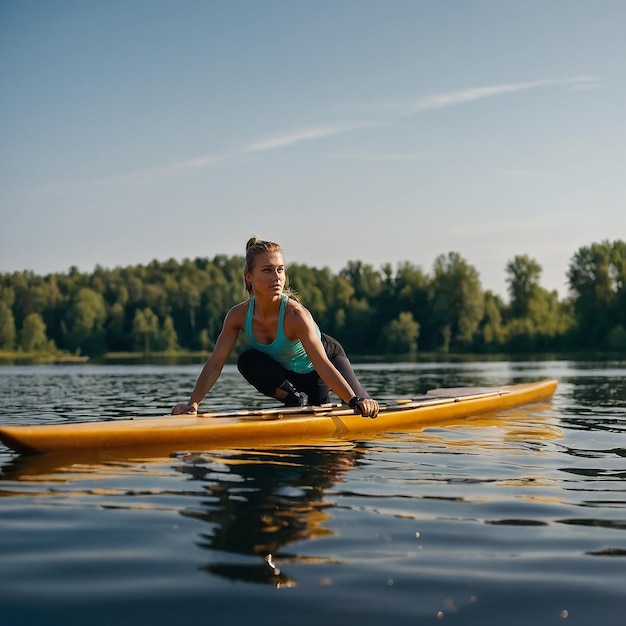 Young athletic woman doing fitness on a board with an oar on a lake