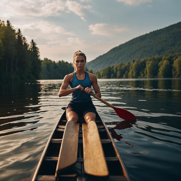 Young athletic woman doing fitness on a board with an oar on a lake