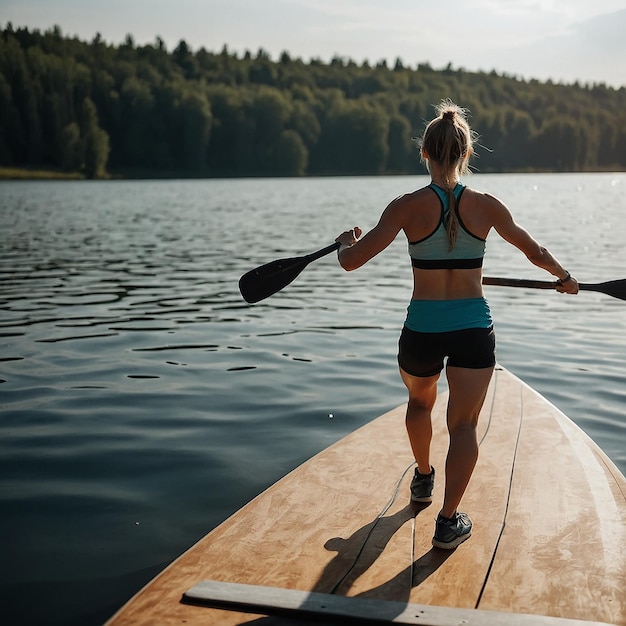 Photo young athletic woman doing fitness on a board with an oar on a lake