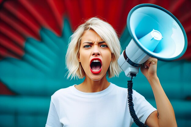 Young attractive activist girl in shirt shouting into loudspeaker