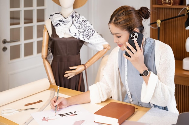 Photo young attractive asian female fashion designer leaning on office desk talking on mobile phone