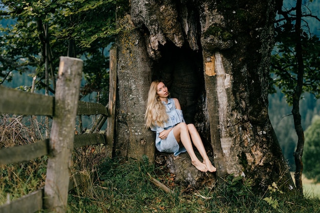 Young attractive barefoot blonde girl in blue  dress sitting in the old tree