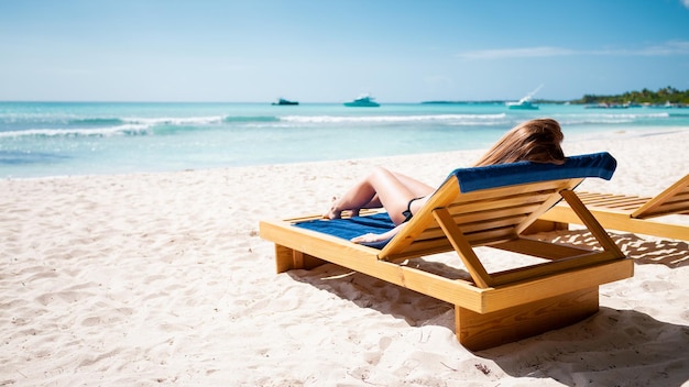 Young attractive blonde girl with perfect sport body in bikini on the tropical summer beach