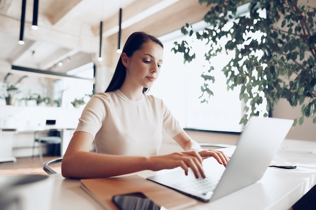 Young attractive businesswoman working on laptop in office